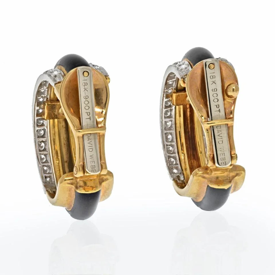 David Webb Platinum & 18K Yellow Gold Black Enamel Diamond Hoop Earrings — view 4 — Laura Milman New York