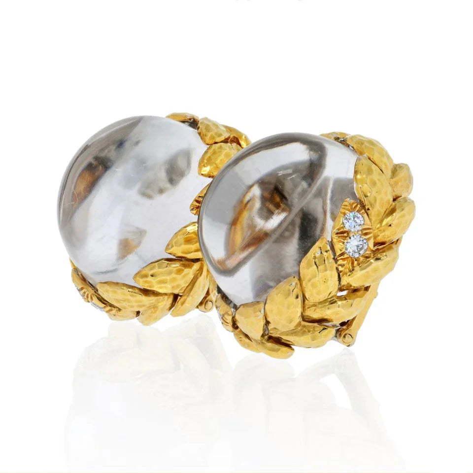David Webb Platinum & 18K Yellow Gold Domed Rock Crystal Diamond Earrings — view 2 — Laura Milman New York