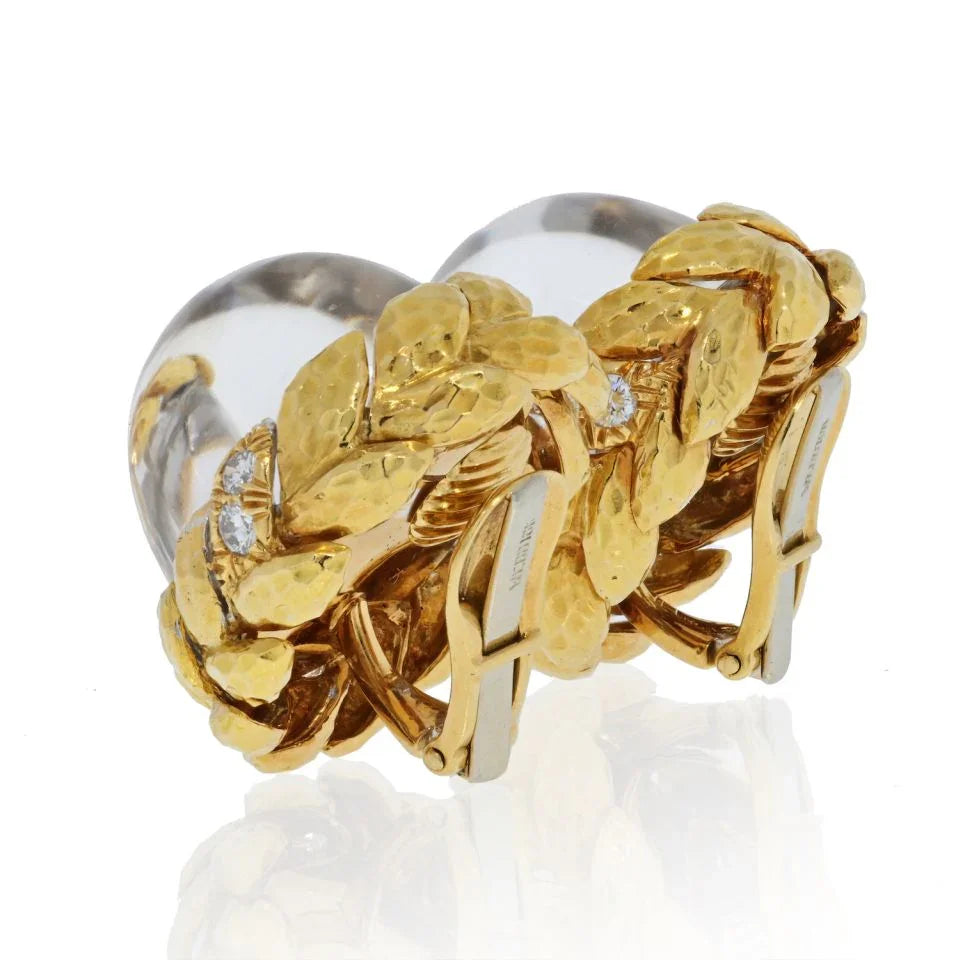 David Webb Platinum & 18K Yellow Gold Domed Rock Crystal Diamond Earrings — view 3 — Laura Milman New York