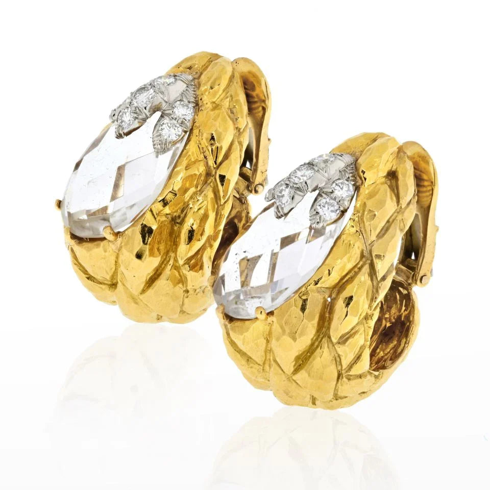 David Webb Platinum & 18K Yellow Gold Rock Crystal Carved Clip On Earrings — view 2 — Laura Milman New York