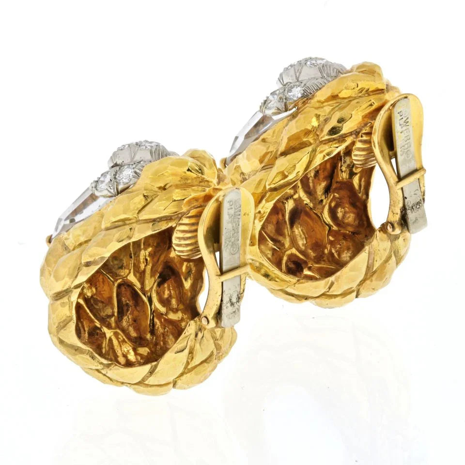 David Webb Platinum & 18K Yellow Gold Rock Crystal Carved Clip On Earrings — view 3 — Laura Milman New York