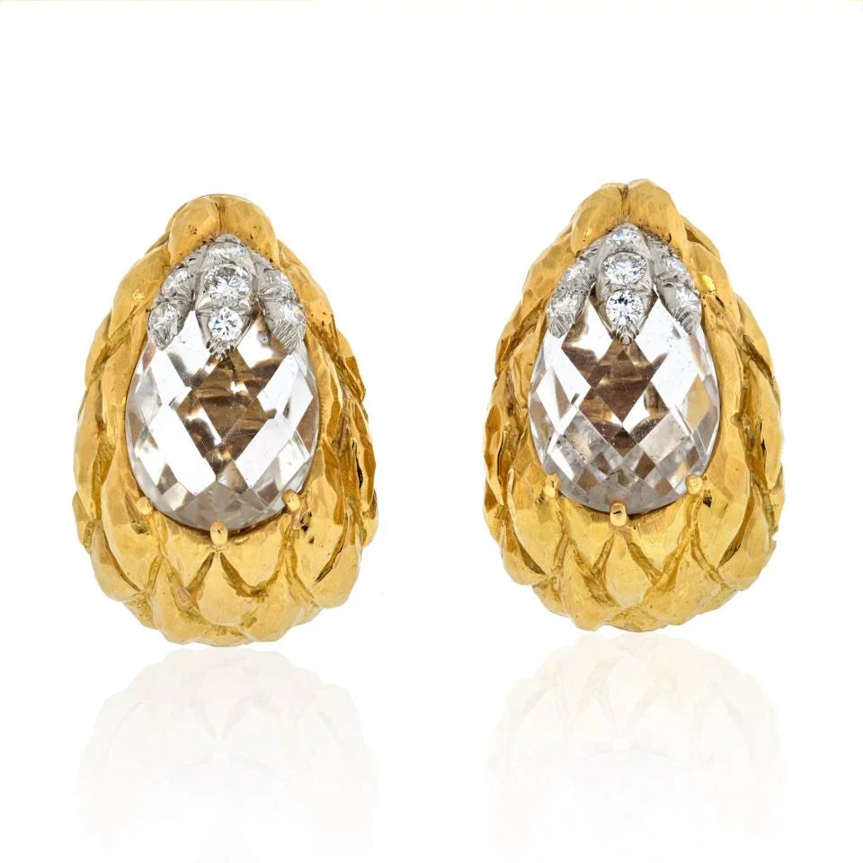 David Webb Platinum & 18K Yellow Gold Rock Crystal Carved Clip On Earrings — Laura Milman New York