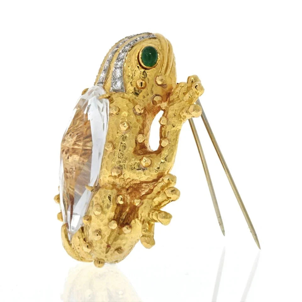 David Webb Platinum & 18K Yellow Gold Rock Crystal Diamond Frog Brooch — view 2 — Laura Milman New York