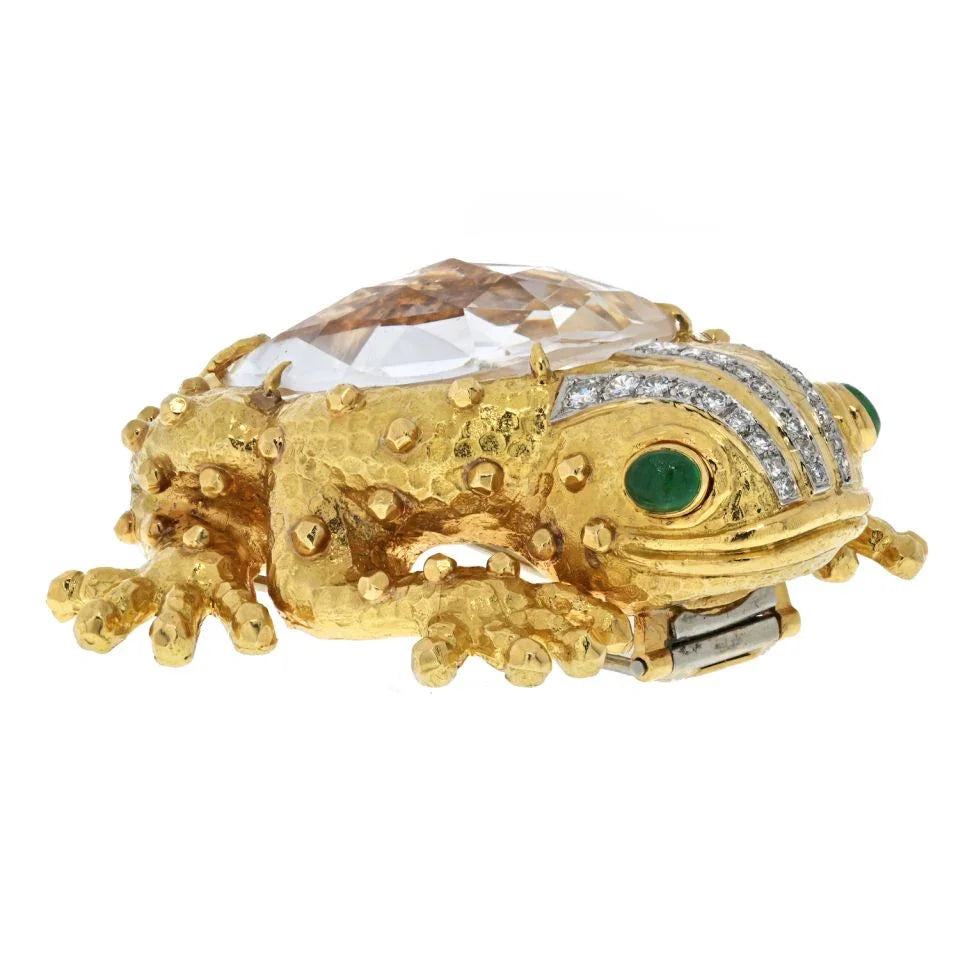 David Webb Platinum & 18K Yellow Gold Rock Crystal Diamond Frog Brooch — view 4 — Laura Milman New York