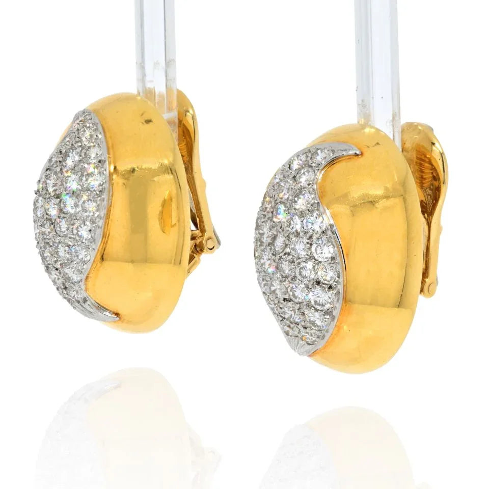 David Webb Platinum & 18K Yellow Gold Oval Bombe Pave Diamond Earrings — view 2 — Laura Milman New York