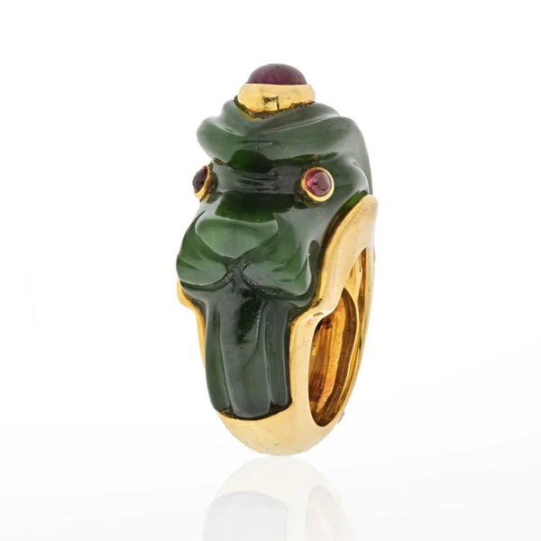 David Webb 18K Yellow Gold Nephrite, Ruby Lion Ring — view 2