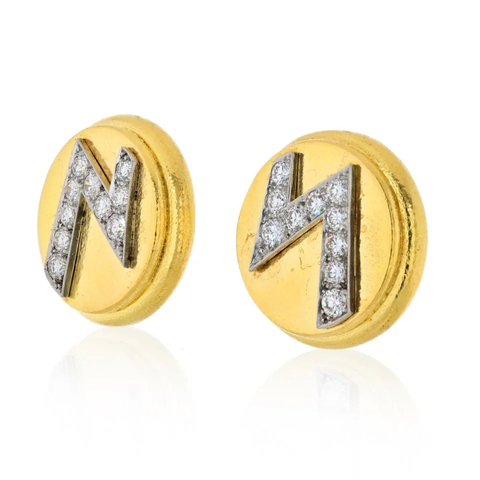 David Webb Platinum & 18K Yellow Gold Round Disks With Diamond Blot Lightning Earrings — view 2 — Laura Milman New York