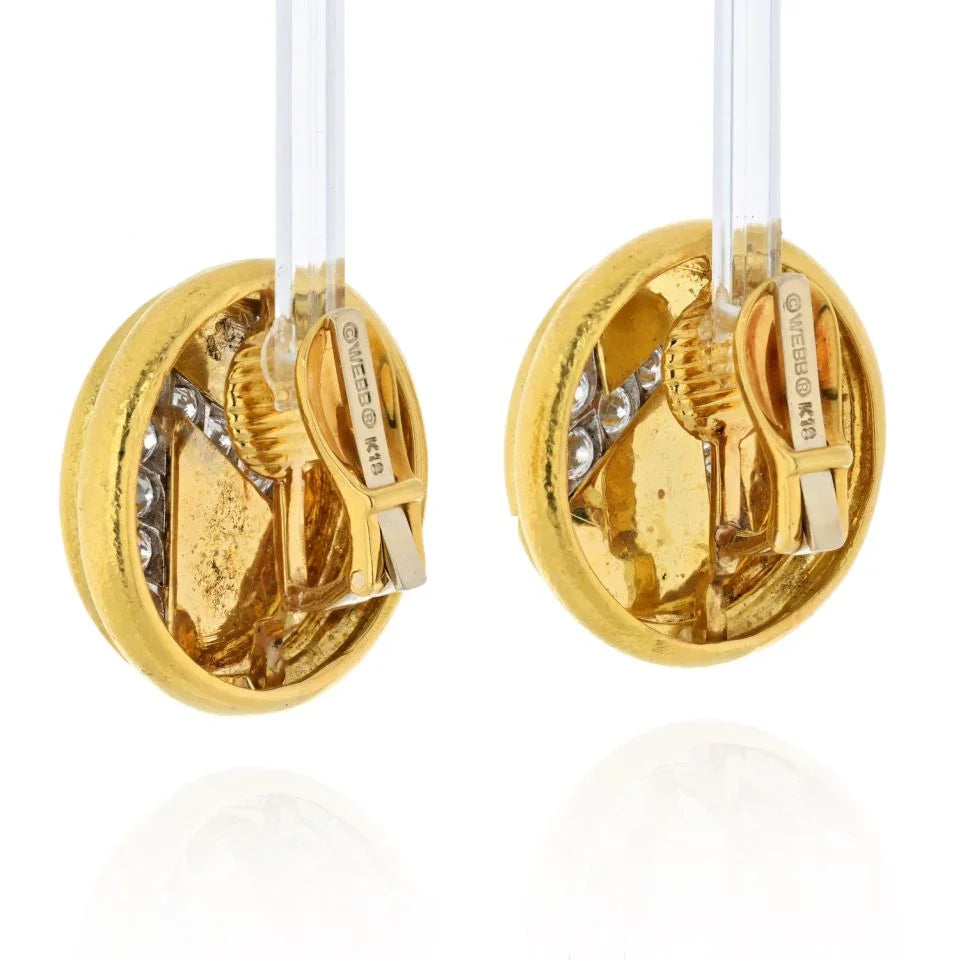 David Webb Platinum & 18K Yellow Gold Round Disks With Diamond Blot Lightning Earrings — view 3 — Laura Milman New York