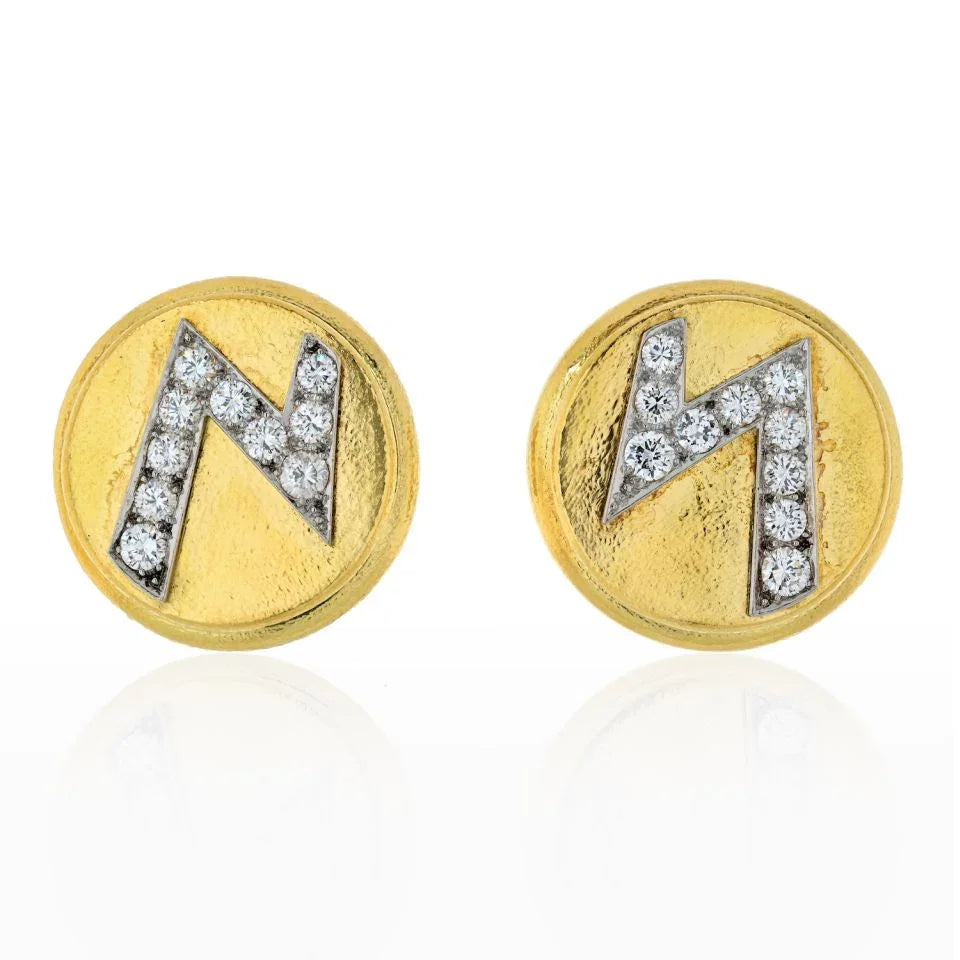 David Webb Platinum & 18K Yellow Gold Round Disks With Diamond Blot Lightning Earrings — Laura Milman New York