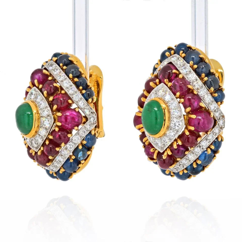 David Webb Platinum & 18K Yellow Gold 1980's Color Gemstone Red, Green And Blue Diamond Earrings — view 2 — Laura Milman New York