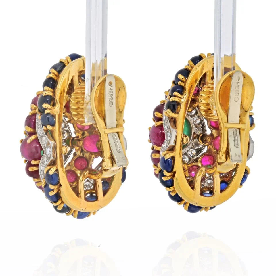 David Webb Platinum & 18K Yellow Gold 1980's Color Gemstone Red, Green And Blue Diamond Earrings — view 3 — Laura Milman New York