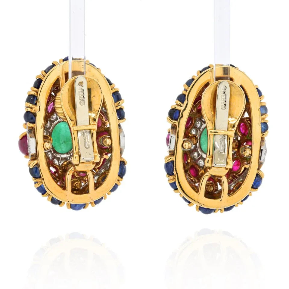 David Webb Platinum & 18K Yellow Gold 1980's Color Gemstone Red, Green And Blue Diamond Earrings — view 4 — Laura Milman New York