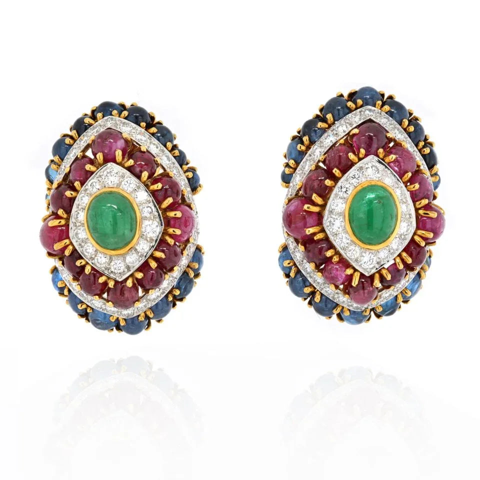 David Webb Platinum & 18K Yellow Gold 1980's Color Gemstone Red, Green And Blue Diamond Earrings — Laura Milman New York