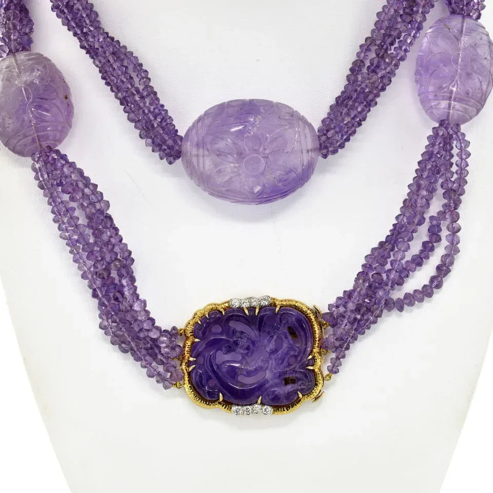 David Webb Platinum & 18K Yellow Gold Carved Amethyst Multi-Strand Lavender Bead Necklace — view 3 — Laura Milman New York