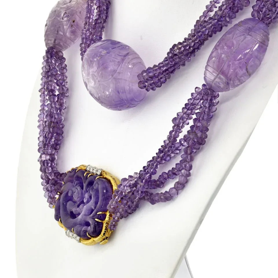David Webb Platinum & 18K Yellow Gold Carved Amethyst Multi-Strand Lavender Bead Necklace — view 4 — Laura Milman New York