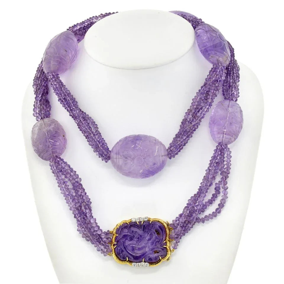 David Webb Platinum & 18K Yellow Gold Carved Amethyst Multi-Strand Lavender Bead Necklace — Laura Milman New York