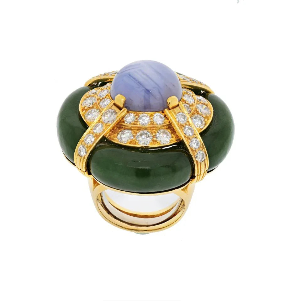 David Webb 18K Yellow Gold Star Sapphire Nephrite Jade Ring — view 2 — Laura Milman New York