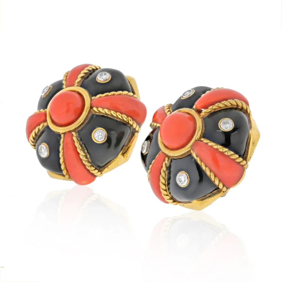 David Webb 18K Yellow Gold Coral, Black Enamel And Diamond Bombe Earrings — view 2 — Laura Milman New York