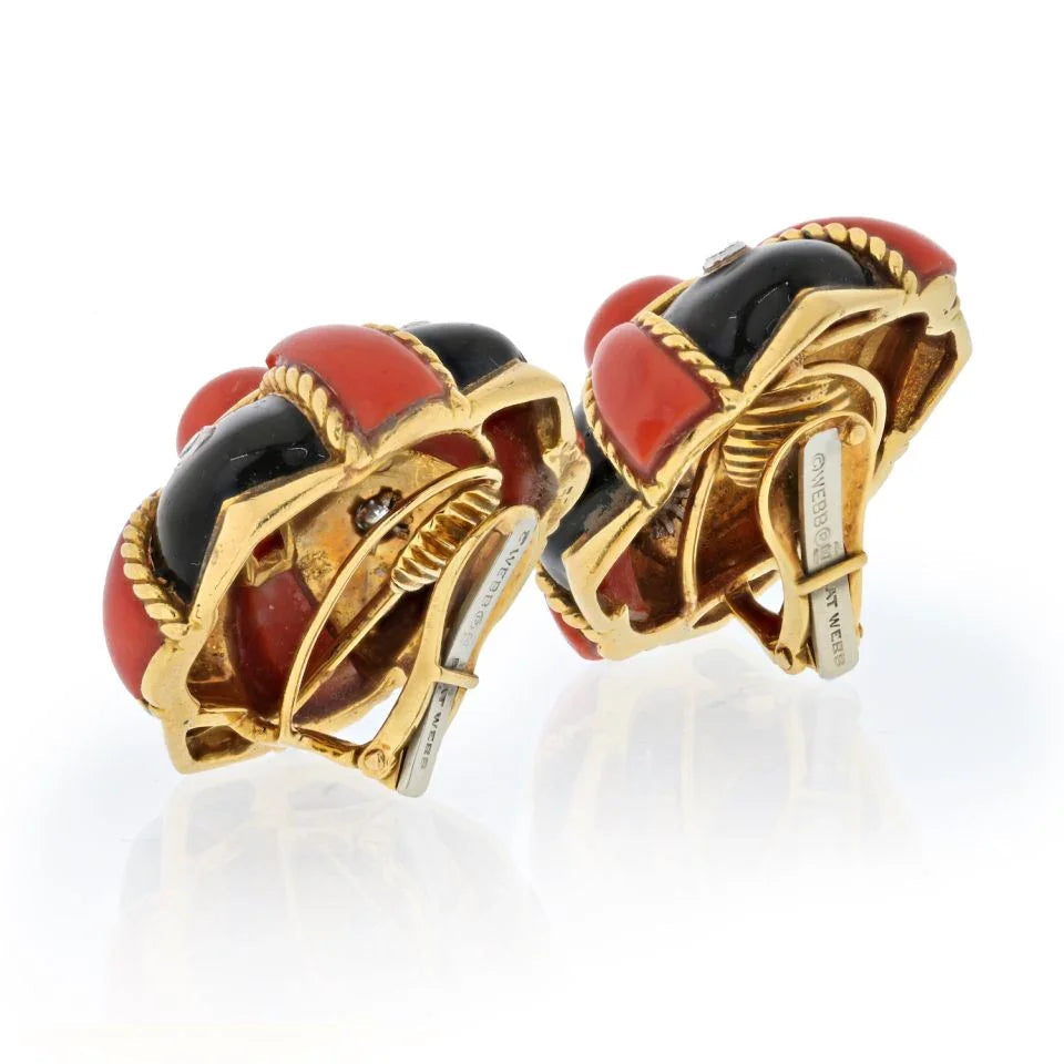 David Webb 18K Yellow Gold Coral, Black Enamel And Diamond Bombe Earrings — view 3 — Laura Milman New York
