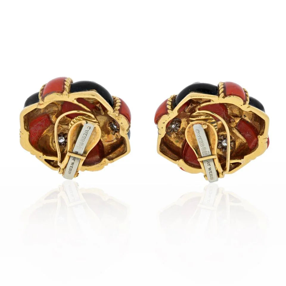 David Webb 18K Yellow Gold Coral, Black Enamel And Diamond Bombe Earrings — view 4 — Laura Milman New York