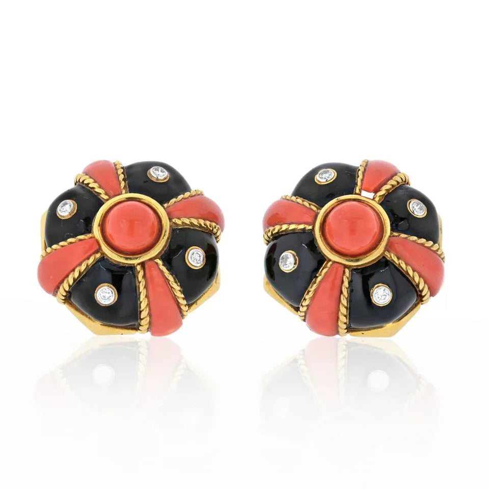 David Webb 18K Yellow Gold Coral, Black Enamel And Diamond Bombe Earrings — Laura Milman New York