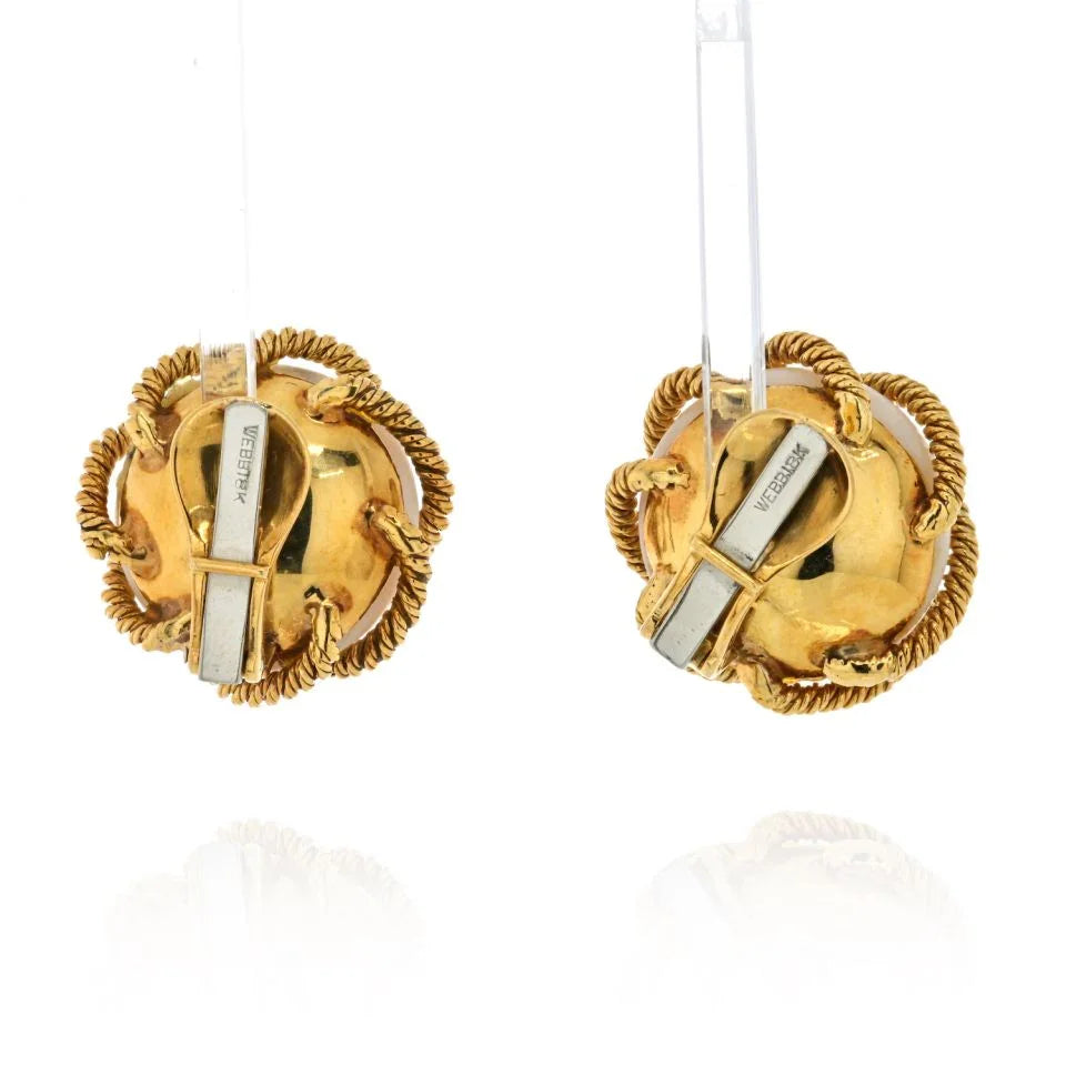 David Webb 18K Yellow Gold 1970's Angel Skin Coral Twisted Rope Round Button Earrings — view 4 — Laura Milman New York