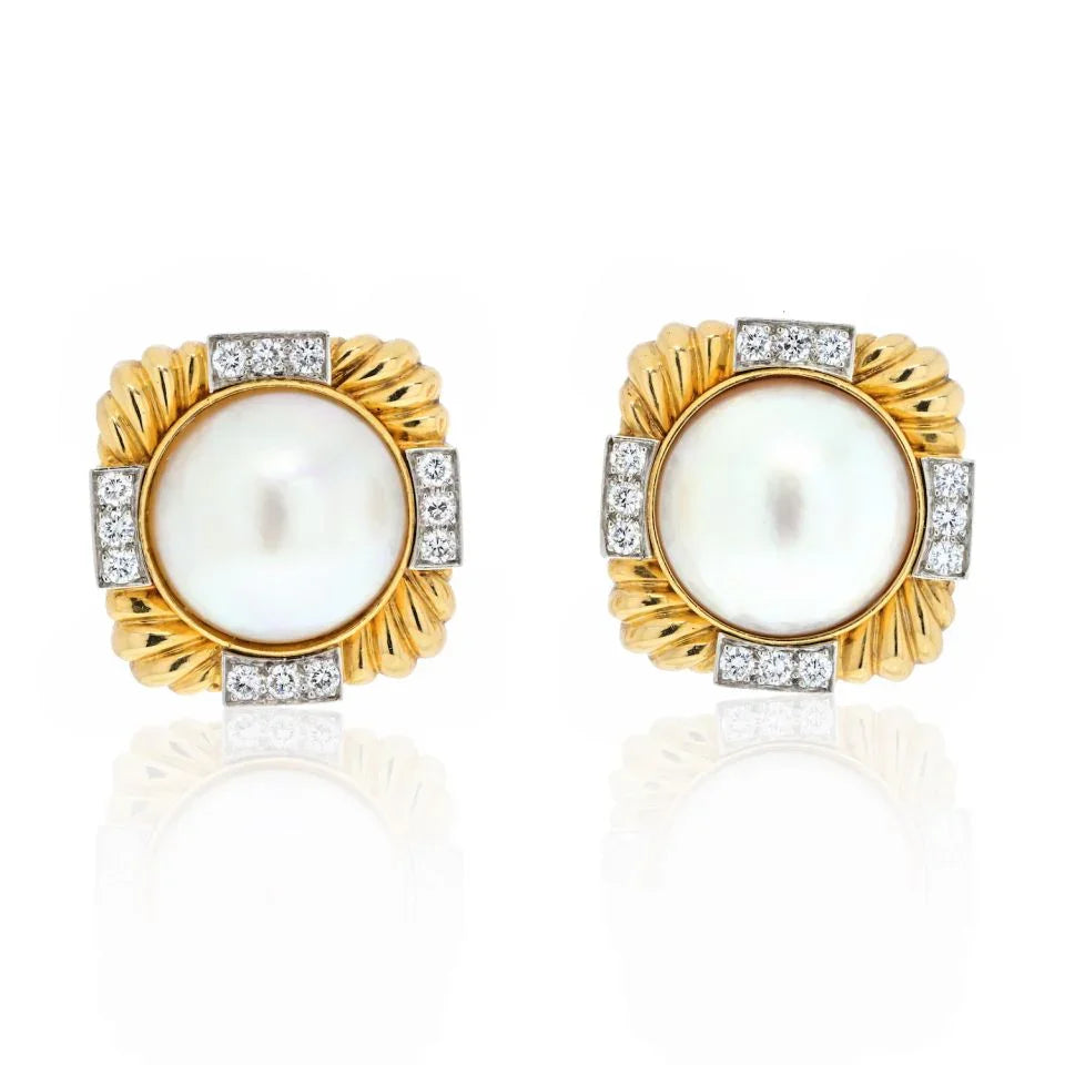 David Webb Platinum & 18K Yellow Gold Fluted Diamond And Pearl Clip-On Earrings — Laura Milman New York