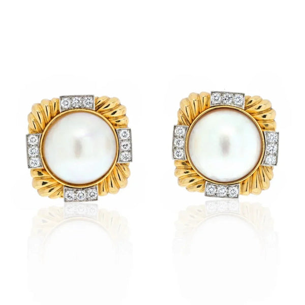 David Webb Platinum & 18K Yellow Gold Fluted Diamond And Pearl Clip-On Earrings