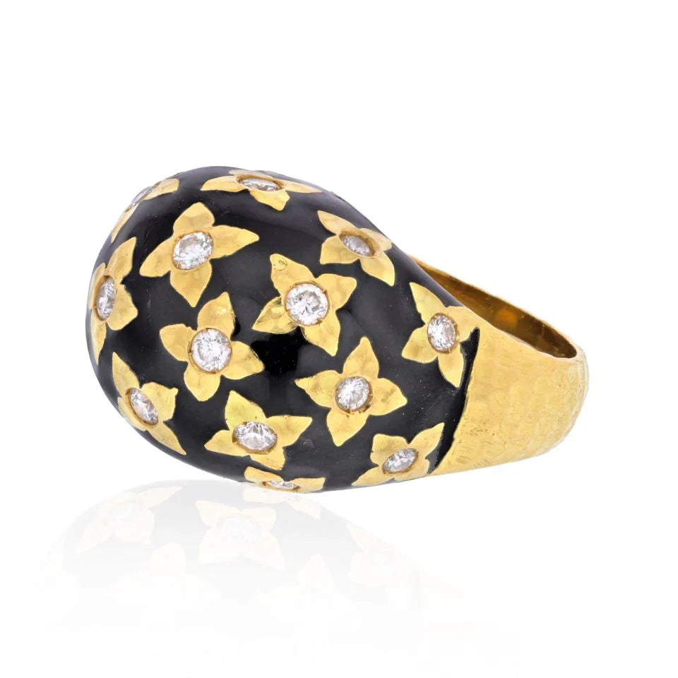 David Webb Platinum & 18K Yellow Gold Black Enamel And Diamond Ring — view 2 — Laura Milman New York