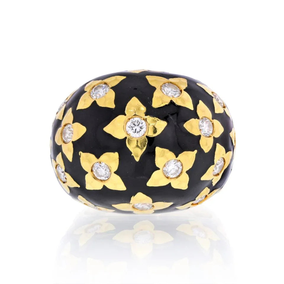 David Webb Platinum & 18K Yellow Gold Black Enamel And Diamond Ring — Laura Milman New York