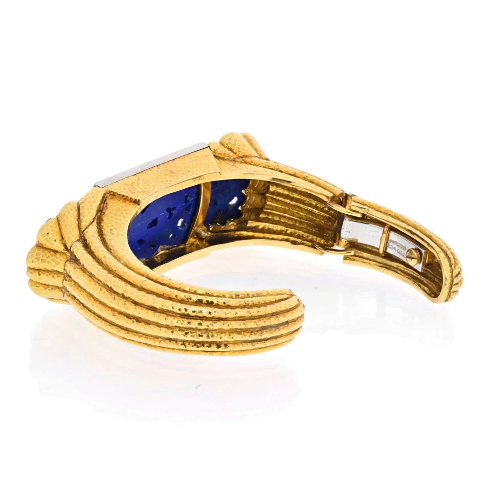 David Webb Platinum & 18K Yellow Gold Carved Lapis Cuff Diamond Bracelet — view 3 — Laura Milman New York