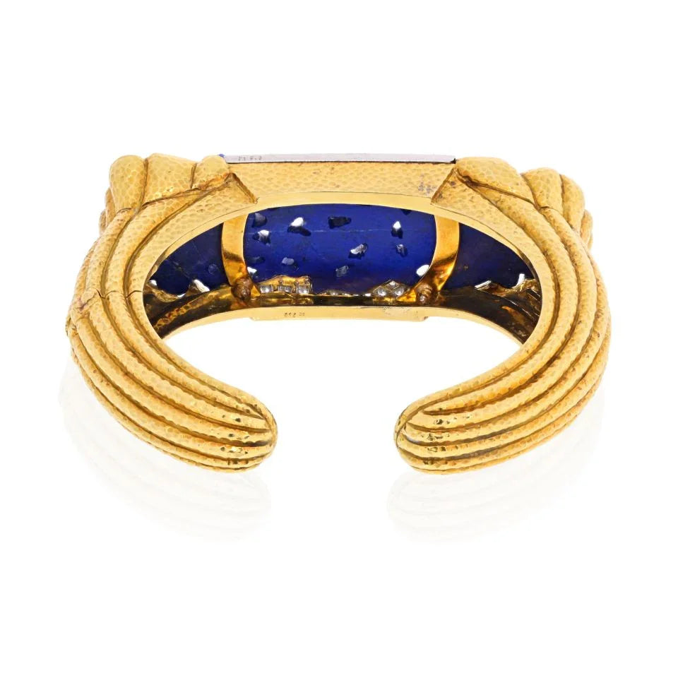 David Webb Platinum & 18K Yellow Gold Carved Lapis Cuff Diamond Bracelet — view 4 — Laura Milman New York