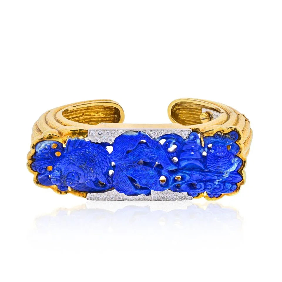 David Webb Platinum & 18K Yellow Gold Carved Lapis Cuff Diamond Bracelet — Laura Milman New York