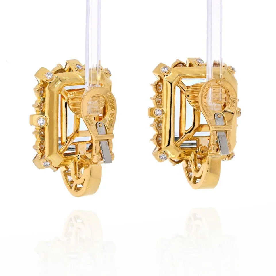 David Webb 18K Yellow Gold Diamond & Aquamarine Square Shaped Earrings — view 3 — Laura Milman New York