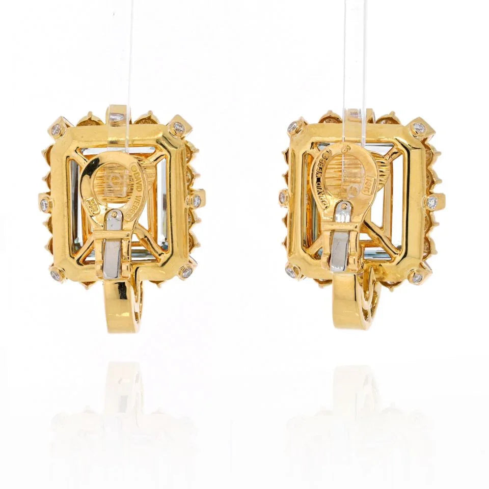 David Webb 18K Yellow Gold Diamond & Aquamarine Square Shaped Earrings — view 4 — Laura Milman New York