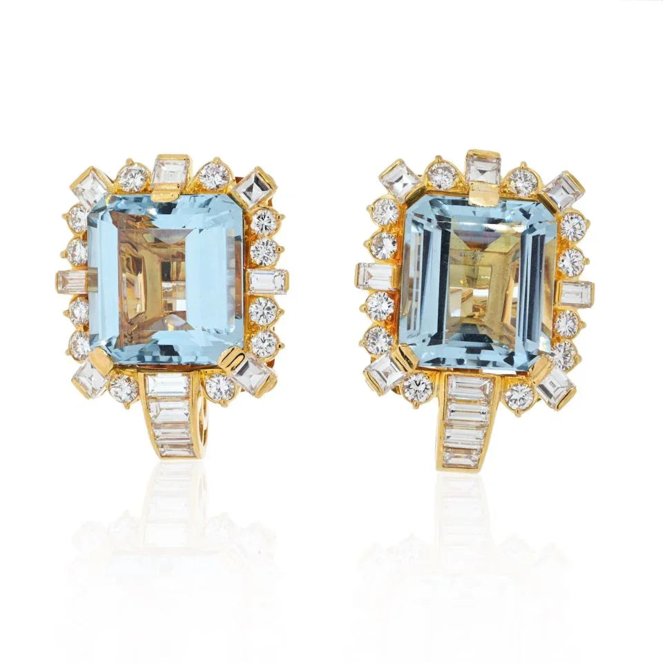 David Webb 18K Yellow Gold Diamond & Aquamarine Square Shaped Earrings — Laura Milman New York