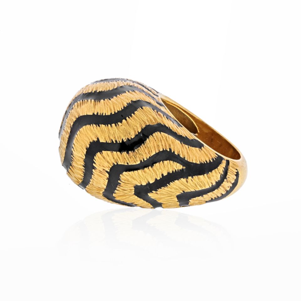 David Webb 18K Yellow Gold 1970's Tiger Stripe Black Enamel Dome Ring — view 2 — Laura Milman New York
