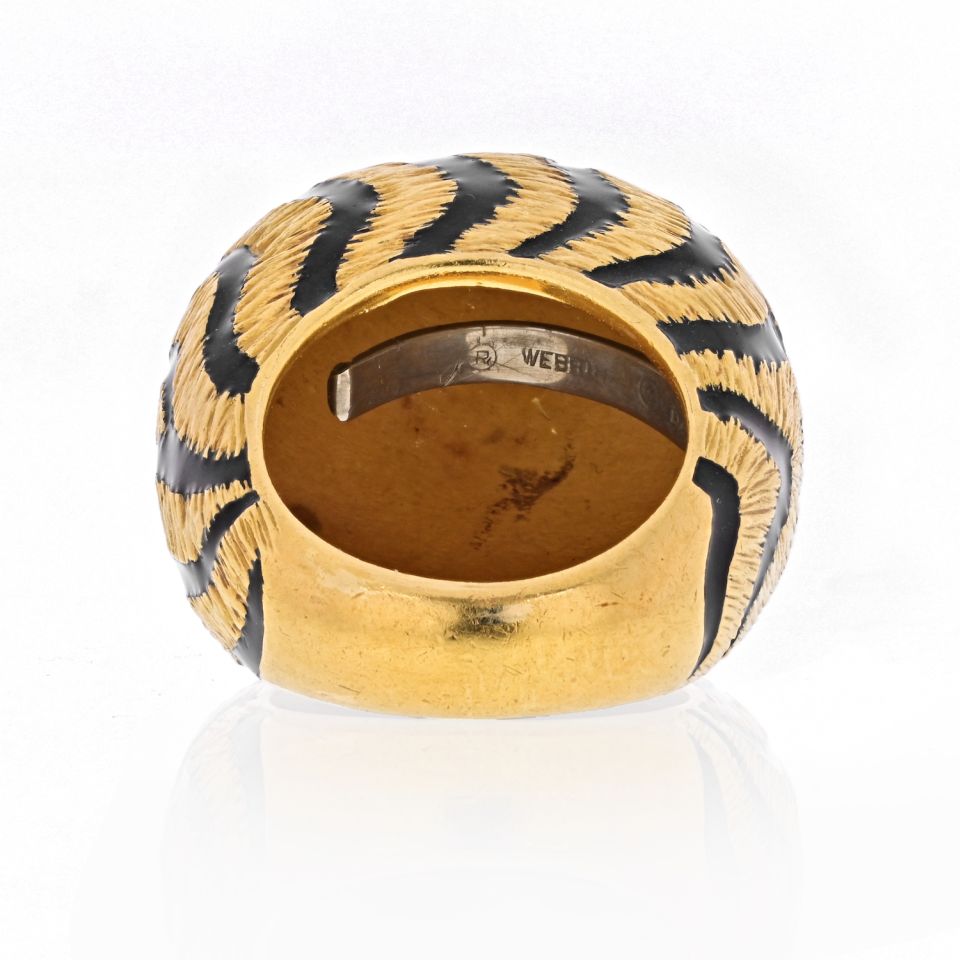 David Webb 18K Yellow Gold 1970's Tiger Stripe Black Enamel Dome Ring — view 4 — Laura Milman New York