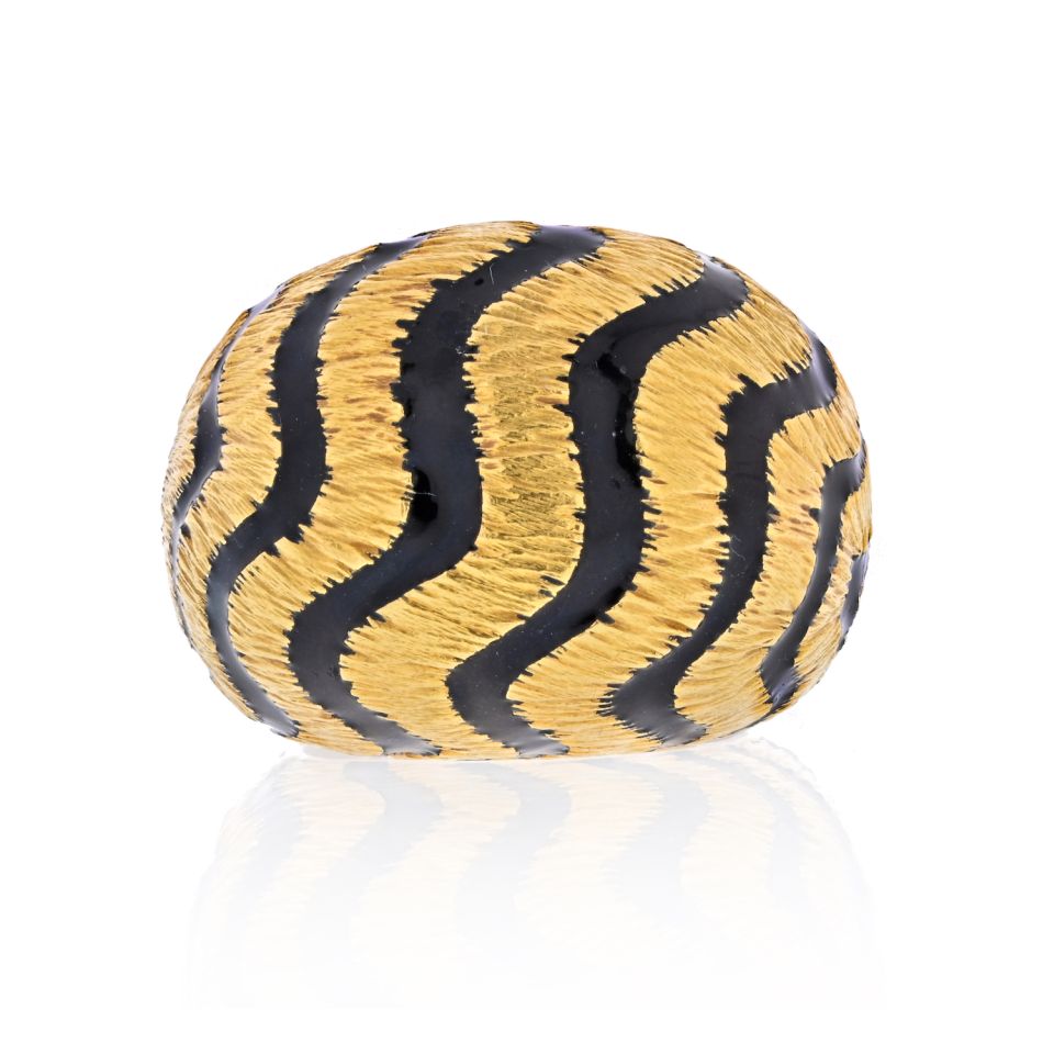 David Webb 18K Yellow Gold 1970's Tiger Stripe Black Enamel Dome Ring — Laura Milman New York