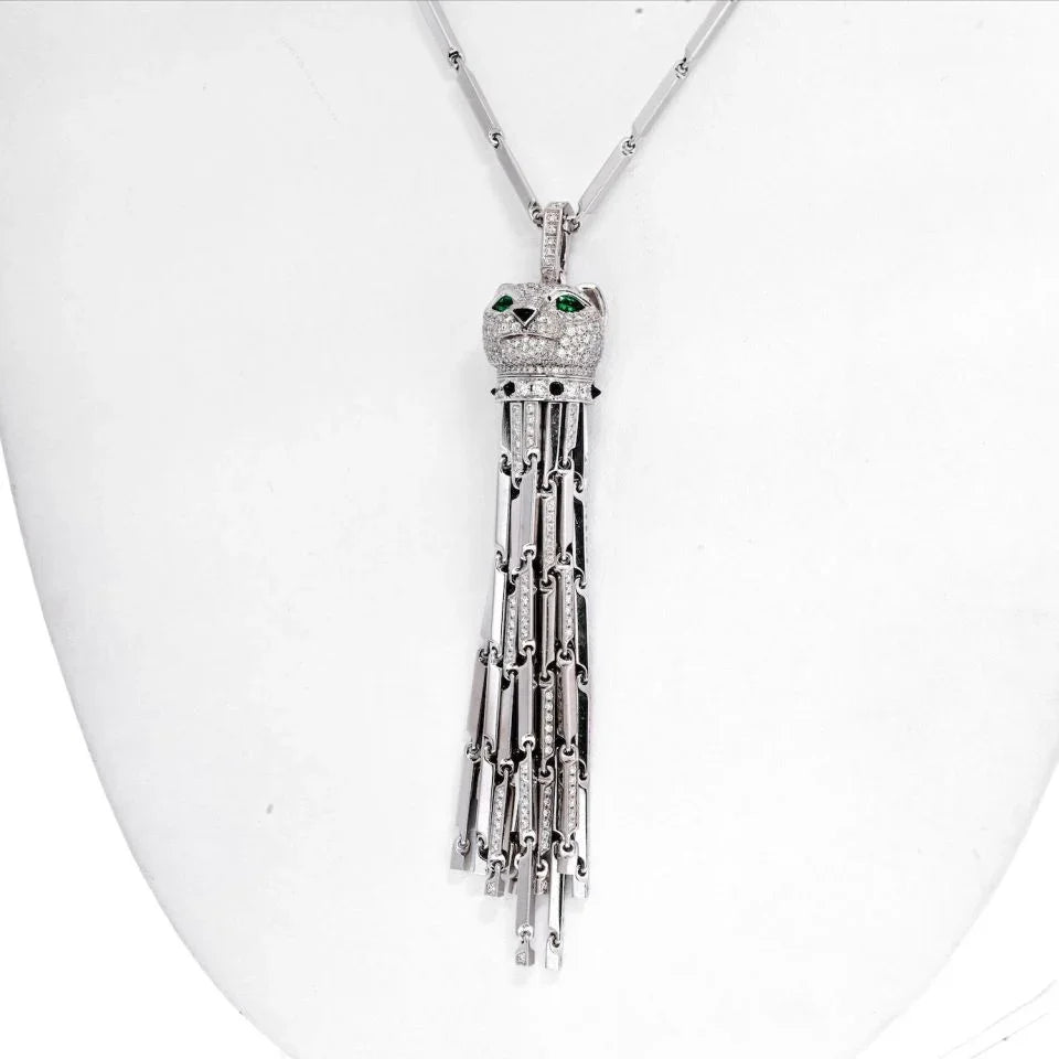Cartier 18K White Gold Diamond Panthere Tassel Pendant On A Cartier Chain Necklace — view 2 — Laura Milman New York
