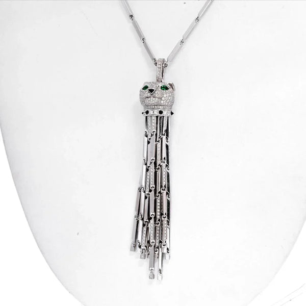 Cartier 18K White Gold Diamond Panthere Tassel Pendant On A Cartier Chain Necklace — view 2