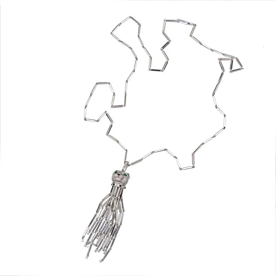 Cartier 18K White Gold Diamond Panthere Tassel Pendant On A Cartier Chain Necklace — view 4 — Laura Milman New York