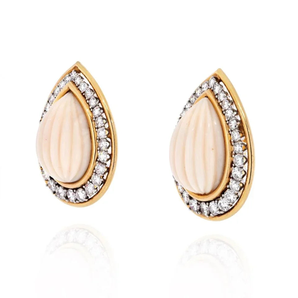 David Webb 18K Yellow Gold Carvd Coral Diamond Pear Drop Clip Earrings — view 2 — Laura Milman New York