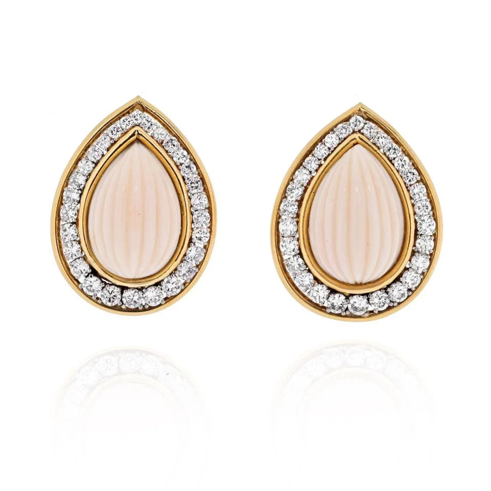 David Webb 18K Yellow Gold Carvd Coral Diamond Pear Drop Clip Earrings — Laura Milman New York