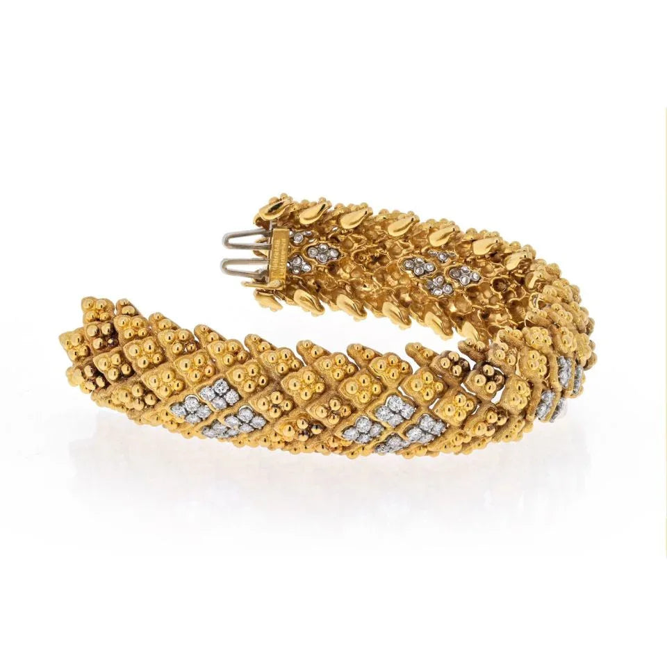 David Webb Platinum & 18K Yellow Gold Warty Textured Diamond Sections Wide Bracelet — view 2 — Laura Milman New York