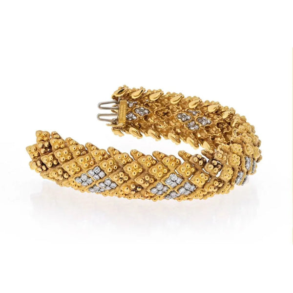 David Webb Platinum & 18K Yellow Gold Warty Textured Diamond Sections Wide Bracelet — view 2