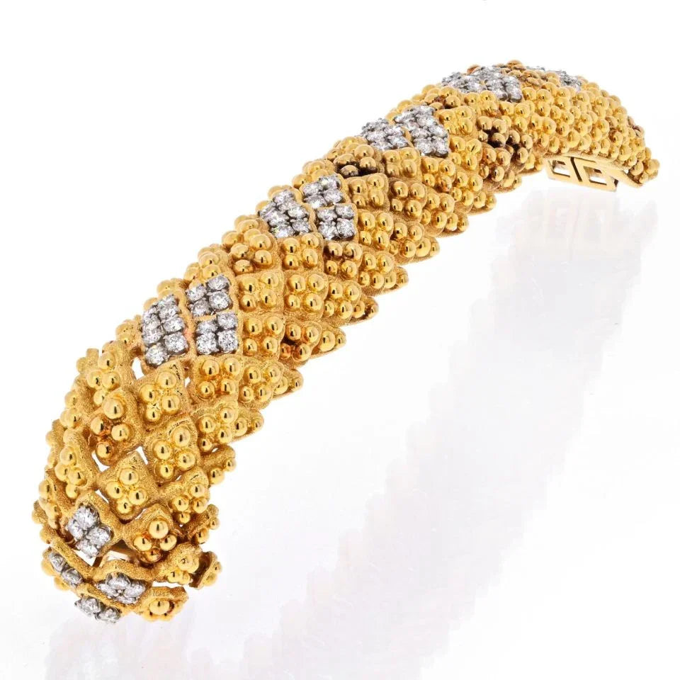 David Webb Platinum & 18K Yellow Gold Warty Textured Diamond Sections Wide Bracelet — view 3 — Laura Milman New York