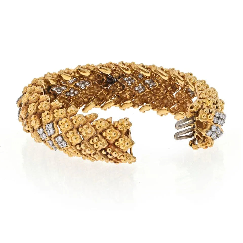 David Webb Platinum & 18K Yellow Gold Warty Textured Diamond Sections Wide Bracelet — view 4 — Laura Milman New York