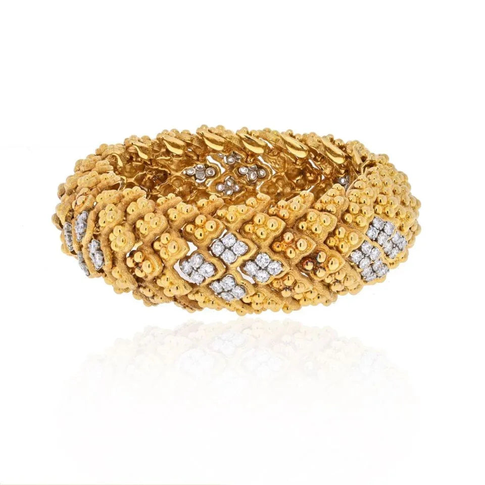 David Webb Platinum & 18K Yellow Gold Warty Textured Diamond Sections Wide Bracelet — Laura Milman New York