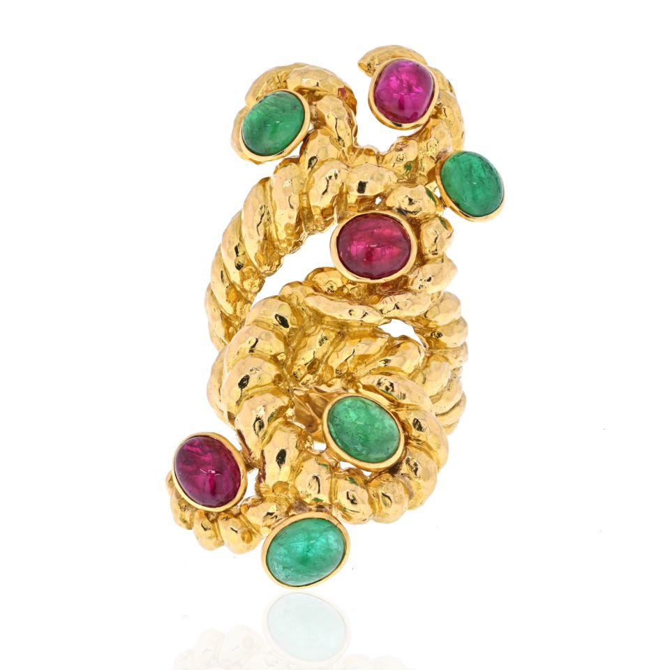 David Webb Platinum & 18K Yellow Gold Cabochon Ruby, Green Emerald Serpent Ring — view 2 — Laura Milman New York